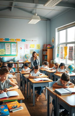 A serene classroom setting with a wide variety of educational materials such as books, globes, and colorful posters on the walls