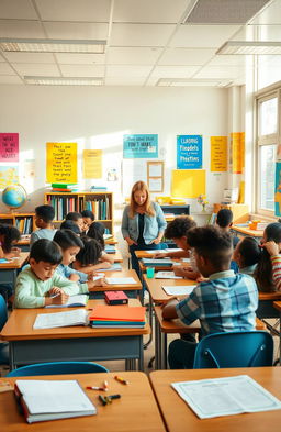 A serene classroom setting with a wide variety of educational materials such as books, globes, and colorful posters on the walls