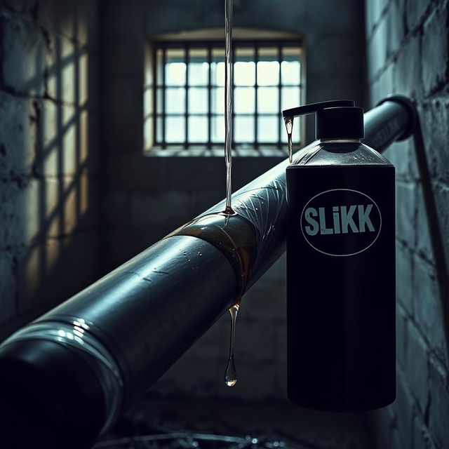 A large black baseball bat wrapped in clear plastic, with clear oil from a black lube container featuring the 'SLiKK' logo pouring over the bat