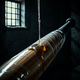 A large black baseball bat wrapped in clear plastic, with clear oil from a black lube container featuring the 'SLiKK' logo pouring over the bat