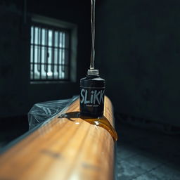 A large black baseball bat wrapped in clear plastic, with clear oil from a black lube container featuring the 'SLiKK' logo pouring over the bat