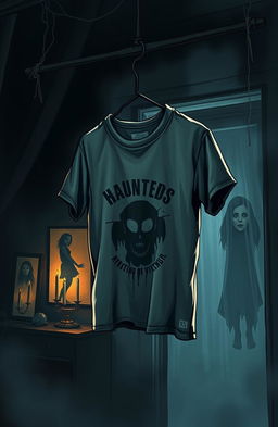 A mysterious and eerie illustration depicting a haunted shirt that brings death to those who wear it