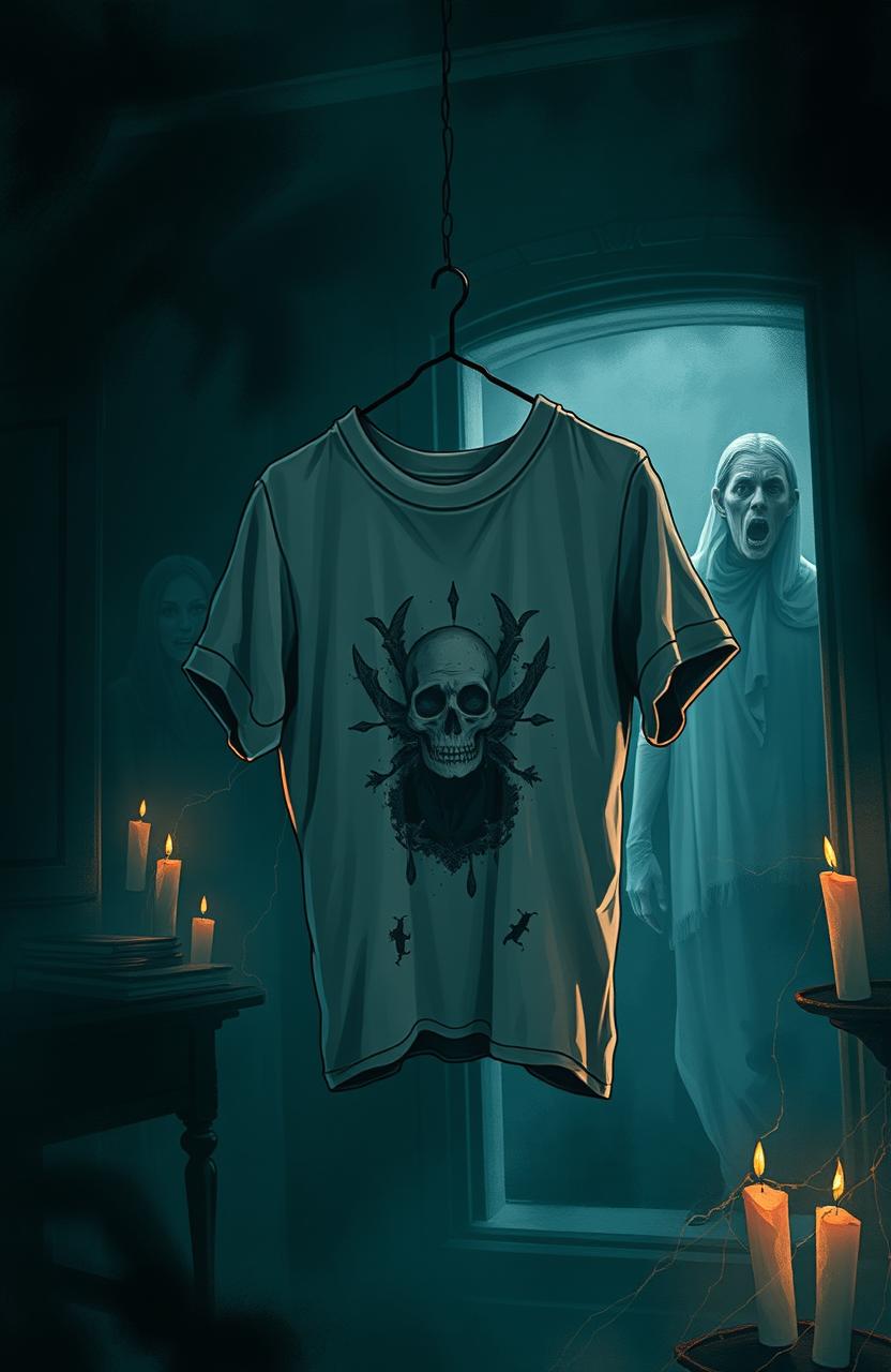 A mysterious and eerie illustration depicting a haunted shirt that brings death to those who wear it