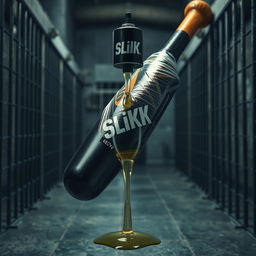 A large black baseball bat wrapped in clear plastic, with clear oil pouring out from a shiny black lubricant container featuring the bold 'SLiKK' logo