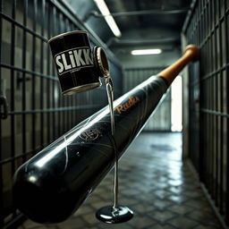 A large black baseball bat wrapped in clear plastic, with clear oil pouring out from a shiny black lubricant container featuring the bold 'SLiKK' logo