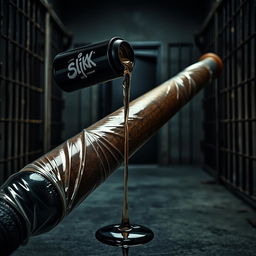 A large black baseball bat wrapped in clear plastic, with clear oil pouring out from a shiny black lubricant container featuring the bold 'SLiKK' logo