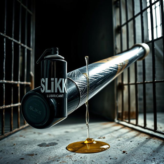 A large black baseball bat wrapped in clear plastic, with clear oil pouring out from a shiny black lubricant container featuring the bold 'SLiKK' logo