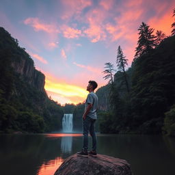 An Asian man standing on a rocky edge near a serene lake, deeply engrossed in the breathtaking view of a cascading waterfall during sunset