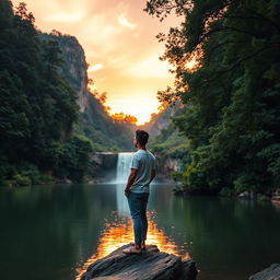 An Asian man standing on a rocky edge near a serene lake, deeply engrossed in the breathtaking view of a cascading waterfall during sunset