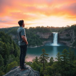 An Asian man standing on a rocky edge near a serene lake, deeply engrossed in the breathtaking view of a cascading waterfall during sunset