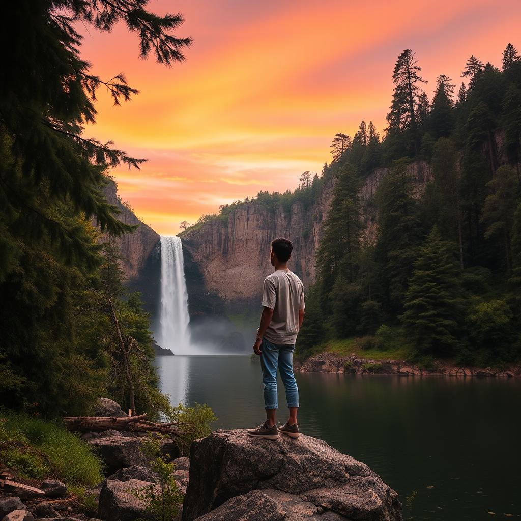 An Asian man standing on a rocky edge near a serene lake, deeply engrossed in the breathtaking view of a cascading waterfall during sunset