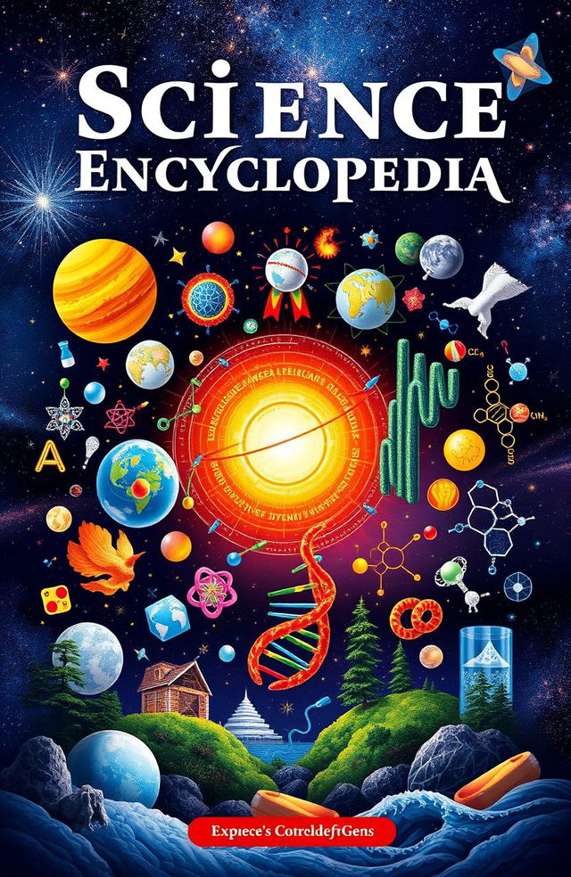 An expansive science encyclopedia, depicting various fields of science including biology, physics, chemistry, and astronomy