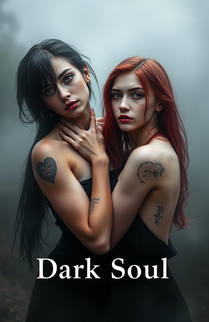 Two girls in a misty atmosphere, one with dark hair and dark eyes, light skin, and tattooed, holding the neck of another girl