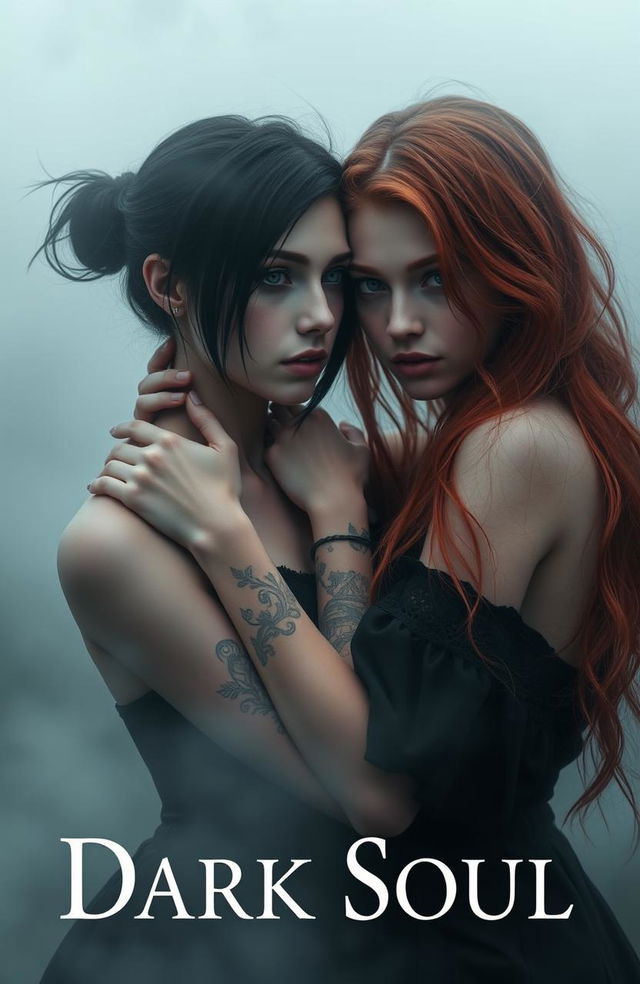 Two girls in a misty atmosphere, one with dark hair and dark eyes, light skin, and tattooed, holding the neck of another girl