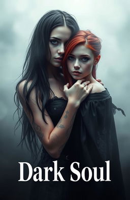 Two girls in a misty atmosphere, one with dark hair and dark eyes, light skin, and tattooed, holding the neck of another girl