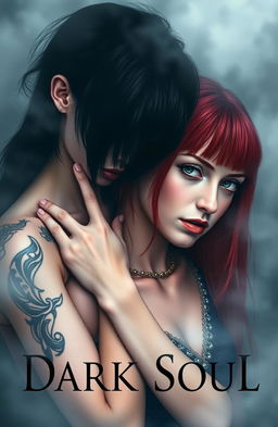 Two girls in a misty atmosphere, one with dark hair and dark eyes, light skin, and tattooed, holding the neck of another girl