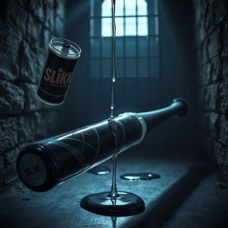 A large black baseball bat wrapped in clear plastic, positioned in a dimly lit prison cell