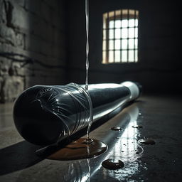 A large black baseball bat wrapped in clear plastic, positioned in a dimly lit prison cell
