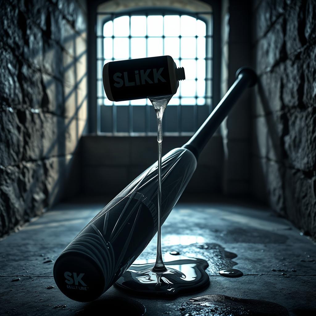 A large black baseball bat wrapped in clear plastic, positioned in a dimly lit prison cell