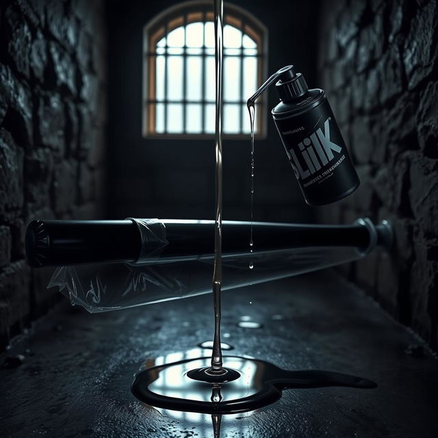 A large black baseball bat wrapped in clear plastic, positioned in a dimly lit prison cell