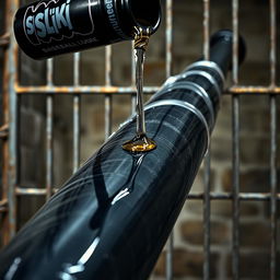 A close-up shot of a large black baseball bat, prominently displayed and wrapped in clear plastic