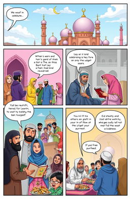 A vibrant comic book page depicting Islamic culture, featuring colorful illustrations of traditional clothing, beautiful mosque architecture, and joyful gatherings at cultural festivals