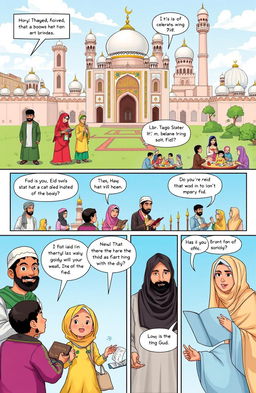 A vibrant comic book page depicting Islamic culture, featuring colorful illustrations of traditional clothing, beautiful mosque architecture, and joyful gatherings at cultural festivals