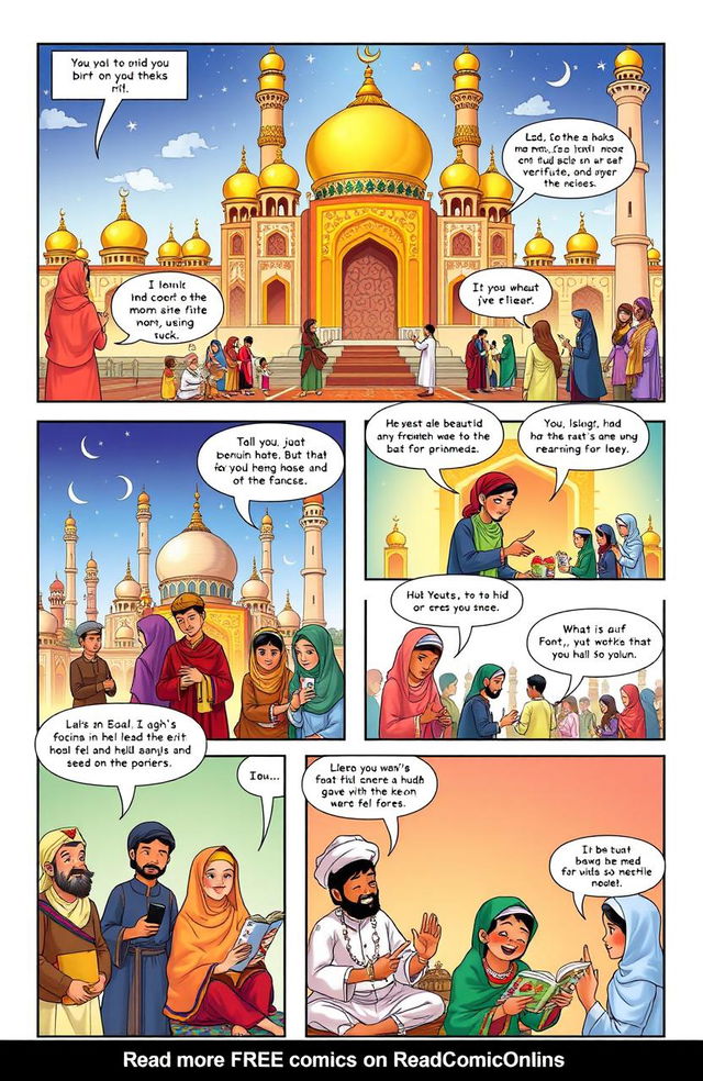 A vibrant comic book page depicting Islamic culture, featuring colorful illustrations of traditional clothing, beautiful mosque architecture, and joyful gatherings at cultural festivals