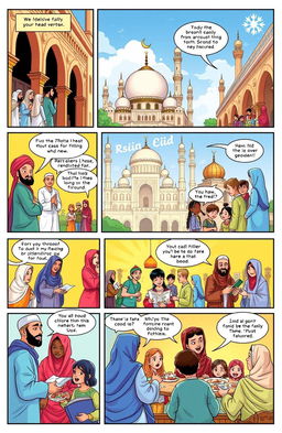 A vibrant comic book page depicting Islamic culture, featuring colorful illustrations of traditional clothing, beautiful mosque architecture, and joyful gatherings at cultural festivals