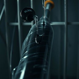 Close-up of a large black baseball bat wrapped in clear plastic, positioned in a dimly lit prison cell