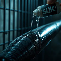 Close-up of a large black baseball bat wrapped in clear plastic, positioned in a dimly lit prison cell