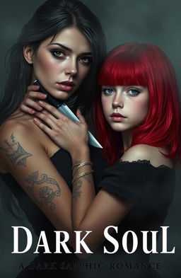 Two girls in a misty setting, one with dark hair and dark eyes, fair skin adorned with tattoos, wearing a black shirt while gripping the neck of the other girl