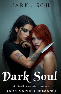 Two girls in a misty setting, one with dark hair and dark eyes, fair skin adorned with tattoos, wearing a black shirt while gripping the neck of the other girl