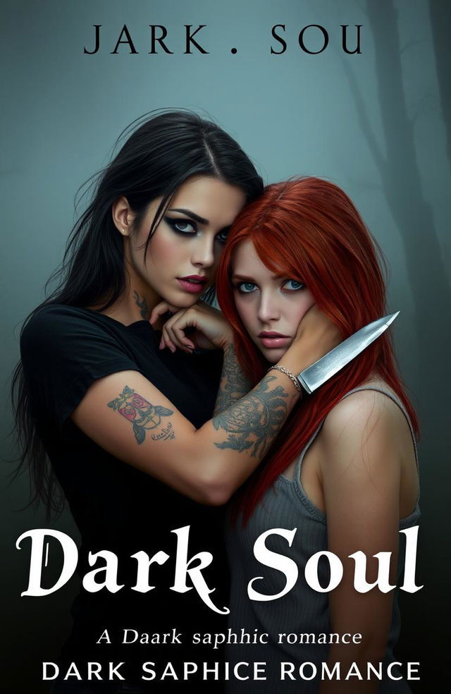 Two girls in a misty setting, one with dark hair and dark eyes, fair skin adorned with tattoos, wearing a black shirt while gripping the neck of the other girl