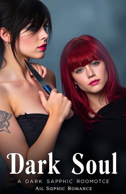 Two girls in a misty setting, one with dark hair and dark eyes, fair skin adorned with tattoos, wearing a black shirt while gripping the neck of the other girl