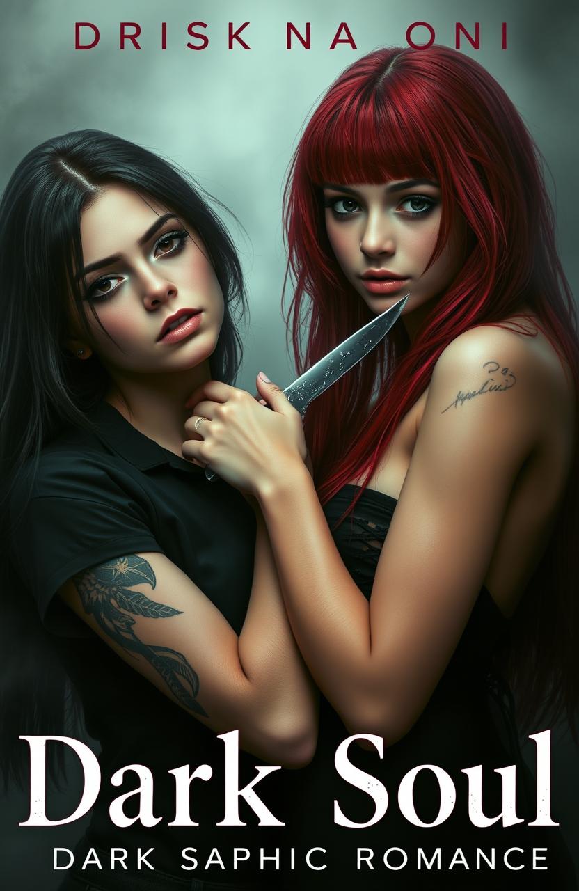 Two girls in a misty setting, one with dark hair and dark eyes, fair skin adorned with tattoos, wearing a black shirt while gripping the neck of the other girl