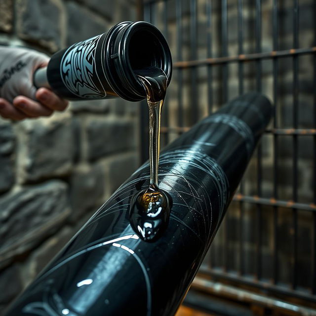 A close-up of a large black baseball bat wrapped in clear plastic, detailed texture visible