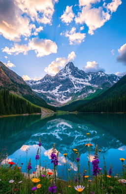 A stunning geographical landscape featuring a majestic, snow-capped mountain range reflecting in a crystal clear lake surrounded by lush green forests