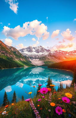 A stunning geographical landscape featuring a majestic, snow-capped mountain range reflecting in a crystal clear lake surrounded by lush green forests