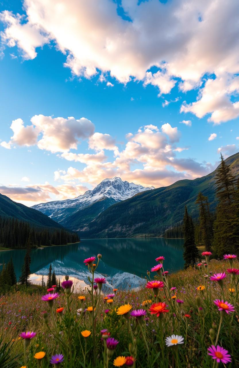 A stunning geographical landscape featuring a majestic, snow-capped mountain range reflecting in a crystal clear lake surrounded by lush green forests