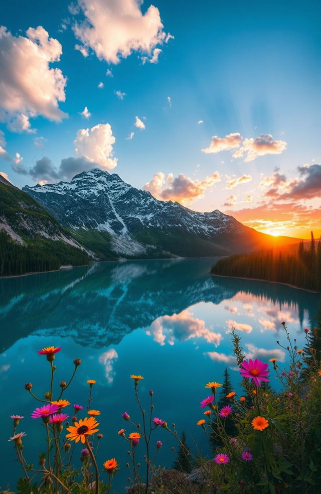 A stunning geographical landscape featuring a majestic, snow-capped mountain range reflecting in a crystal clear lake surrounded by lush green forests