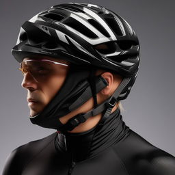 Cutting-edge cycling gear for a male bicyclist, including a state-of-the-art helmet, padded gloves, and a high-performance suit.