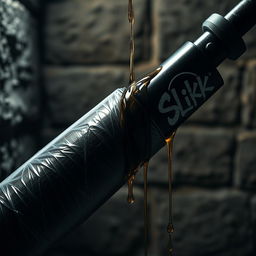 A close-up shot of a large black baseball bat wrapped in plastic, prominently displayed in a dimly lit prison cell