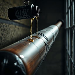 A close-up shot of a large black baseball bat wrapped in plastic, prominently displayed in a dimly lit prison cell