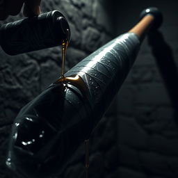 A close-up shot of a large black baseball bat wrapped in plastic, prominently displayed in a dimly lit prison cell