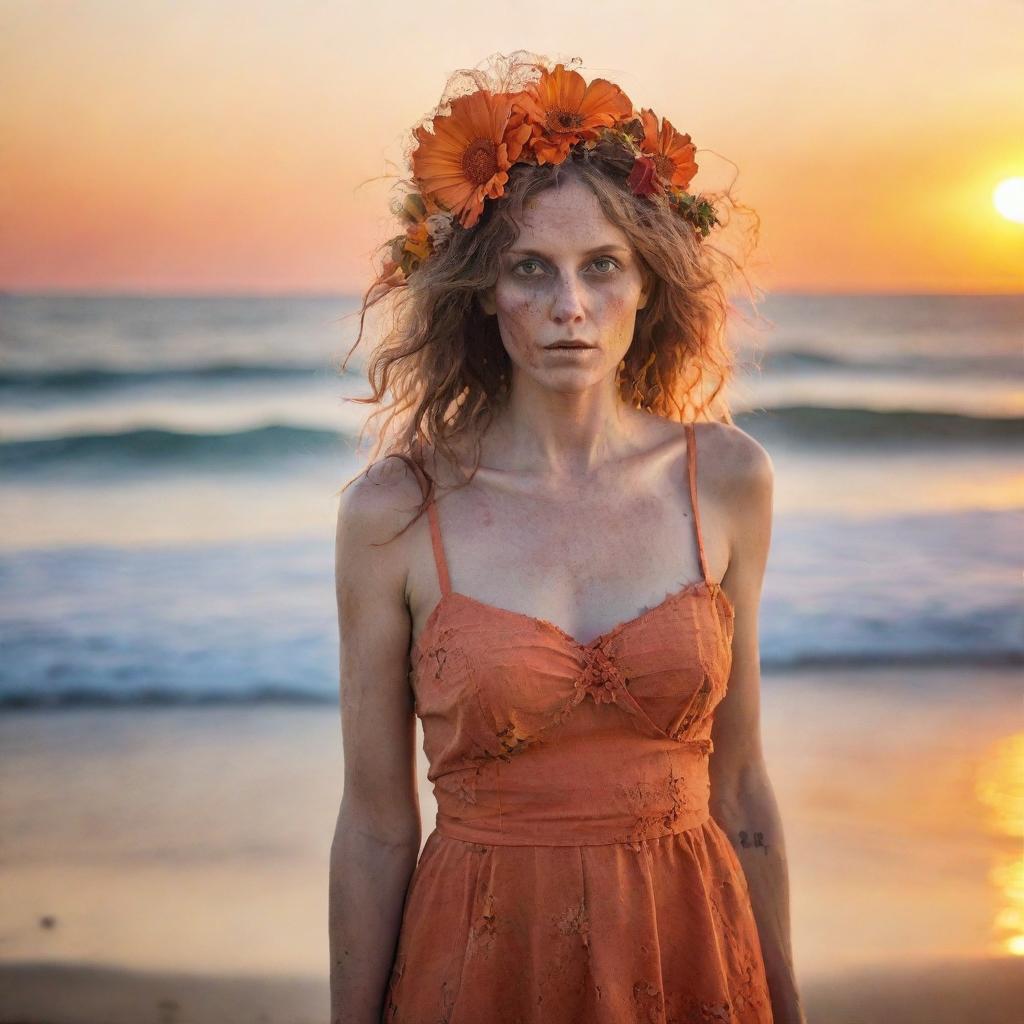 Zombie woman in a tattered, dirty, old orange sundress, wearing a beautiful flower headpiece, staring at a brilliant sunset on a beach, with details of waves and shoreline, in a double exposure style. High-definition, 36k professional photography.