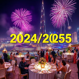 An extravagant Dubai New Year celebration in 2024/2025, showcasing a dazzling fireworks display over the iconic Burj Khalifa, with vibrant colors lighting up the night sky