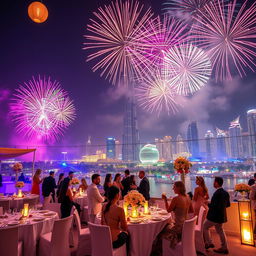 An extravagant Dubai New Year celebration in 2024/2025, showcasing a dazzling fireworks display over the iconic Burj Khalifa, with vibrant colors lighting up the night sky