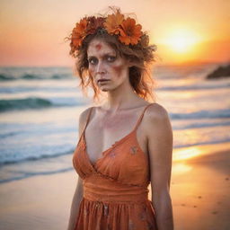 Zombie woman in a tattered, dirty, old orange sundress, wearing a beautiful flower headpiece, staring at a brilliant sunset on a beach, with details of waves and shoreline, in a double exposure style. High-definition, 36k professional photography.