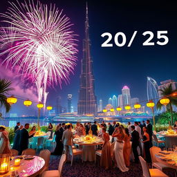 An extravagant Dubai New Year celebration in 2024/2025, showcasing a dazzling fireworks display over the iconic Burj Khalifa, with vibrant colors lighting up the night sky